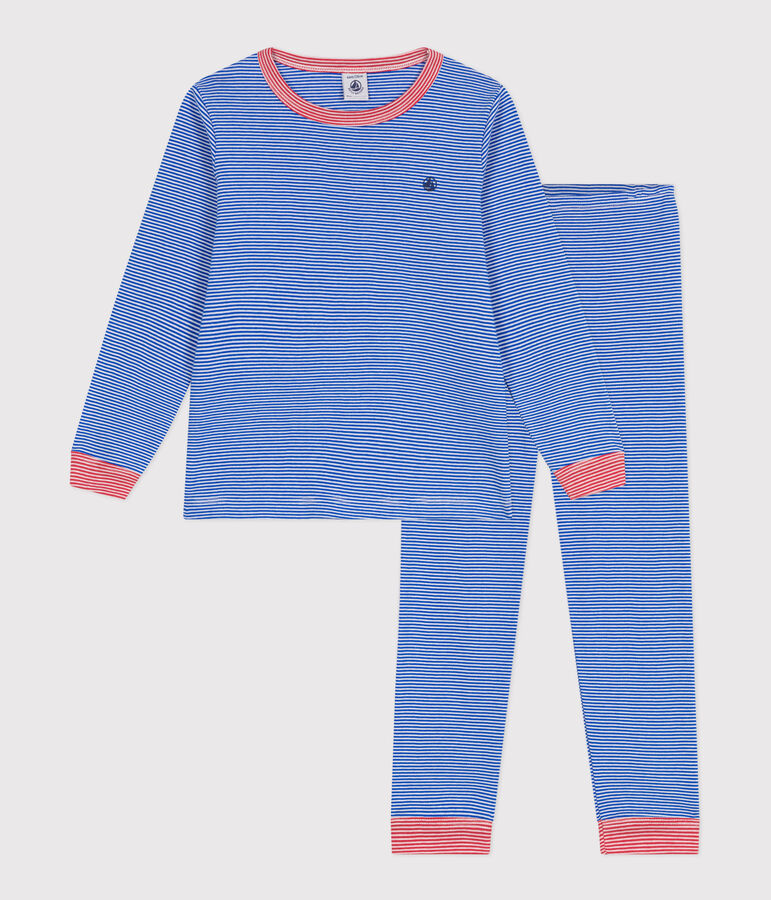 Pijama infantil de manga larga de algod&oacute;n a rayas azul PERSE/blanco MARSHMALLOW