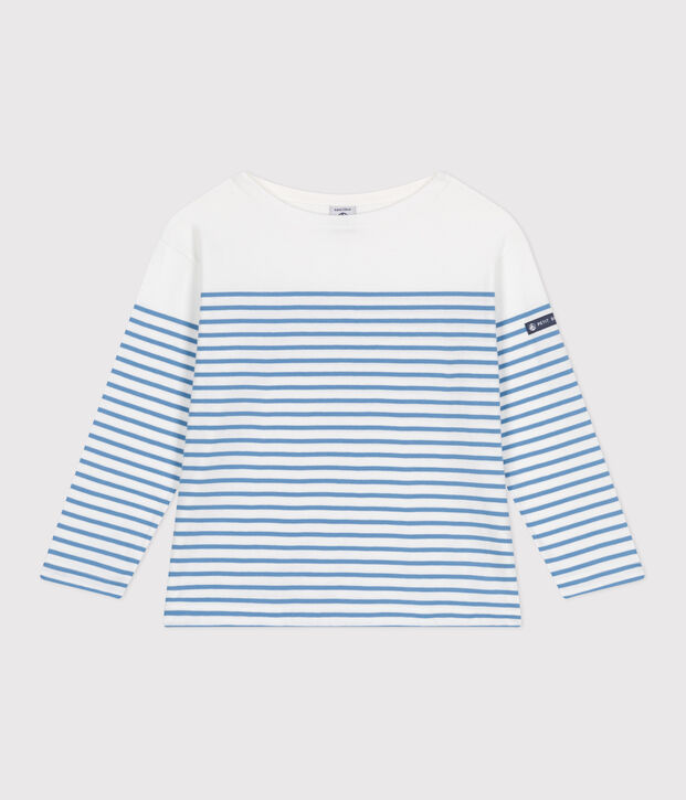 Camiseta marinera infantil de algod&oacute;n de manga larga blanco/azul