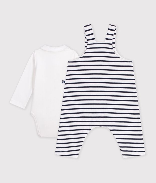 Conjunto de peto y body de algod&oacute;n con cuello a rayas para beb&eacute; blanco/azul