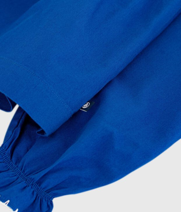 Vestido infantil liso de manga larga de algod&oacute;n azul