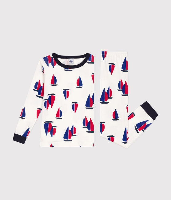 Pijama infantil ajustado de algodón con estampado de barcos blanco MARSHMALLOW/blanco MULTICO