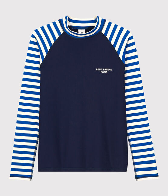 Camiseta de baño anti-UV reciclada de mujer azul SURF/blanco MARSHMALLOW