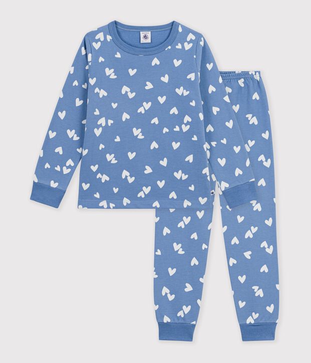 Pijama infantil de mulet&oacute;n con corazones azul/blanco