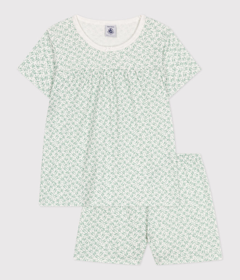 Pijama infantil corto de algod&oacute;n con estampado de flores blanco/verde