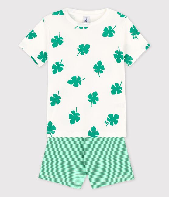 Pijama corto de algodón orgánico con motivo de hojas de palmera para niño blanco MARSHMALLOW/verde GAZON