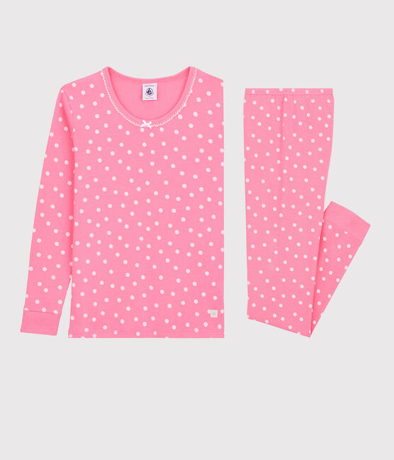 Pijama snugfit de lunares de niña de algodón rosa PETAL/blanco ECUME