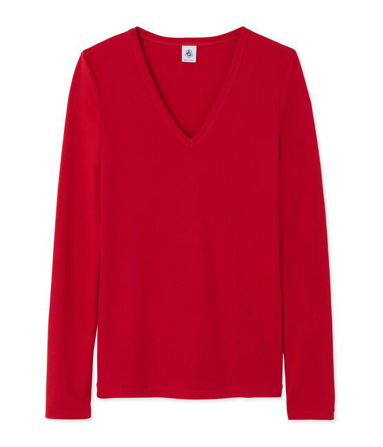 Camiseta de manga larga para mujer con cuello V rojo Mars