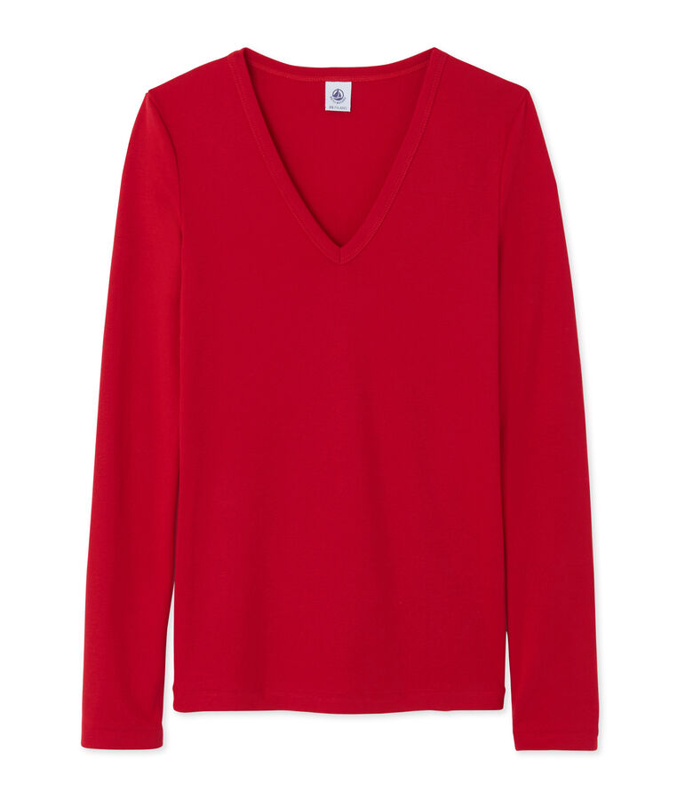 Camiseta de manga larga para mujer con cuello V rojo Mars