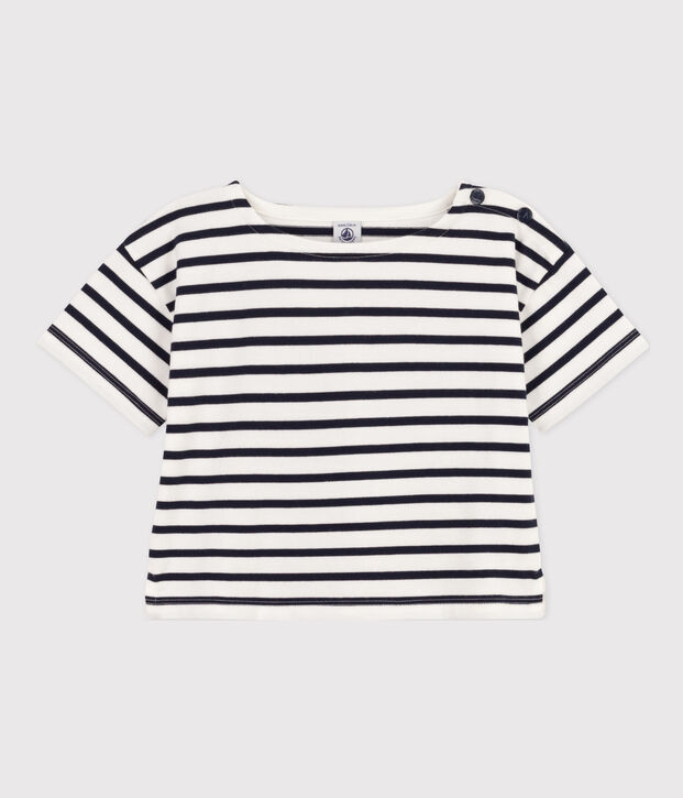 Camiseta de manga corta de algod&oacute;n a rayas para ni&ntilde;a blanco/azul