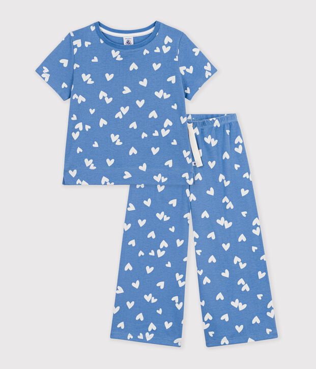 Pijama infantil de algod&oacute;n con pernera ancha y corazones azul/blanco