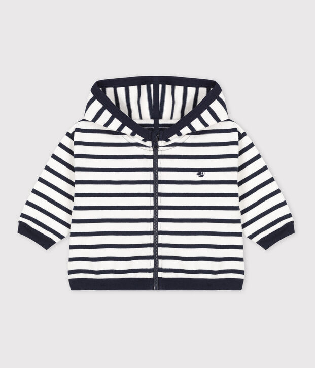 Sudadera de punto grueso con capucha y rayas marineras para beb&eacute; blanco/azul