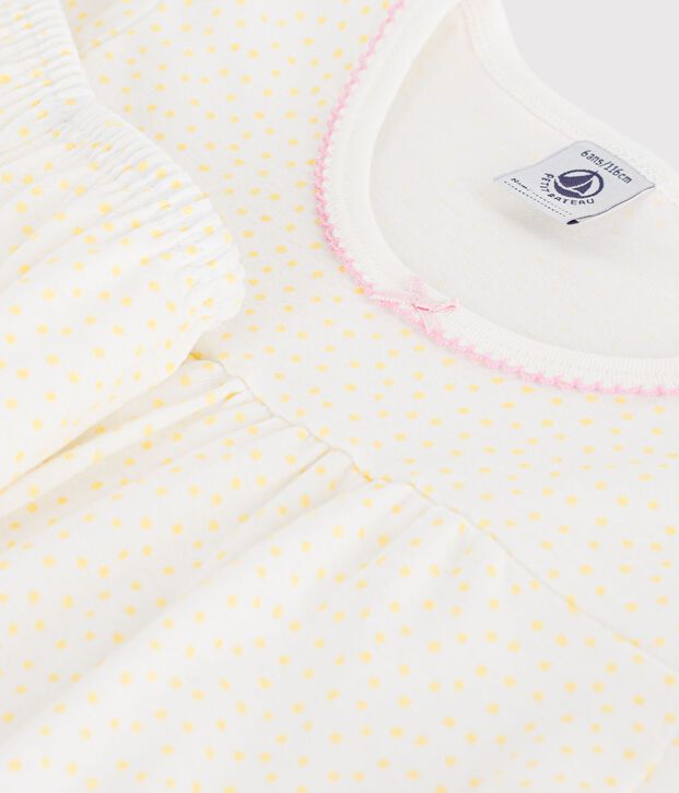Pijama corto infantil de algod&oacute;n con frunces y estampado de lunares amarillo/blanco