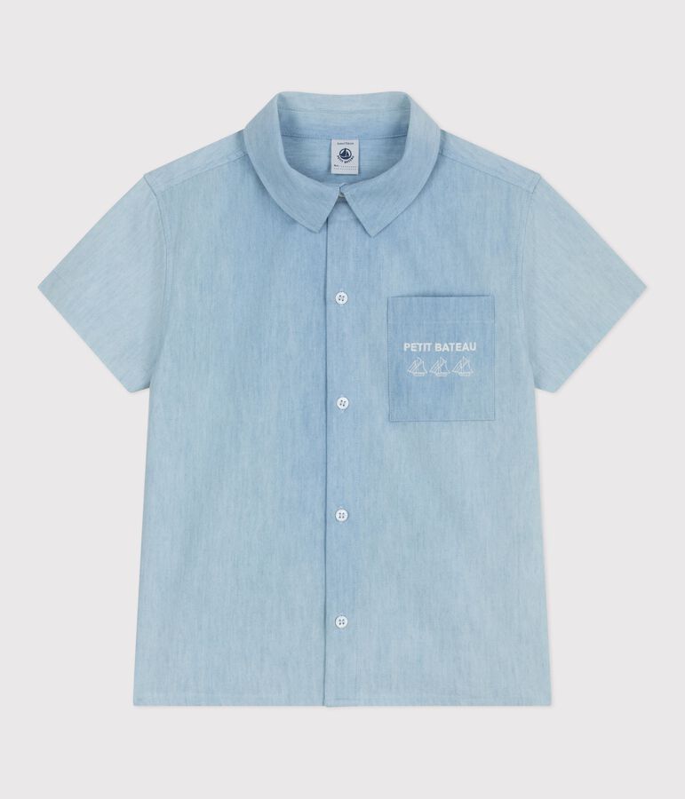 Camisa infantil de algod&oacute;n de manga corta azul BLEU CLAIR