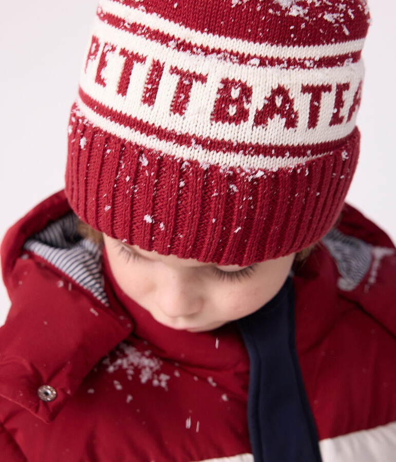 Gorro infantil de punto tricotado con forro polar Petit Bateau rojo/blanco