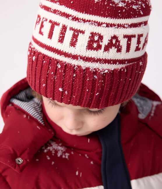 Gorro infantil de punto tricotado con forro polar Petit Bateau rojo AMARANTE/ MARSHMALLOW