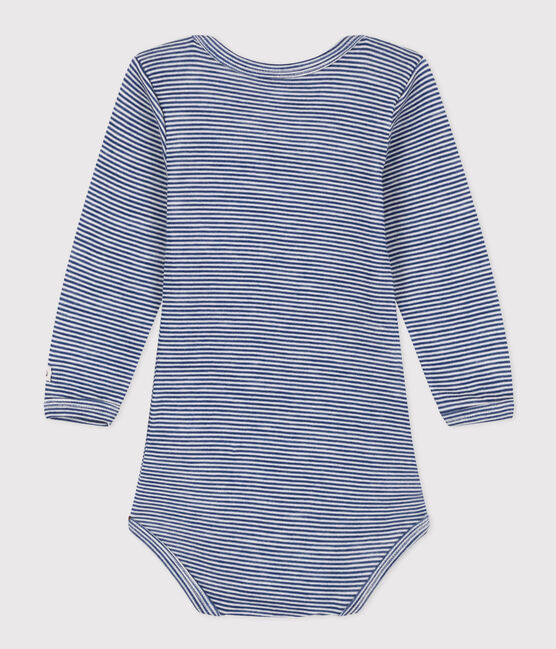 BODY DE MANGA LARGA DE LANA Y ALGODÓN A RAYAS PARA BEBÉ azul MEDIEVAL/blanco MARSHMALLOW