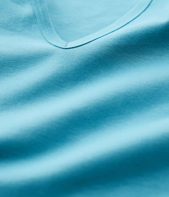 Camiseta de cuello de pico emblemática de algodón de mujer azul MIROIR