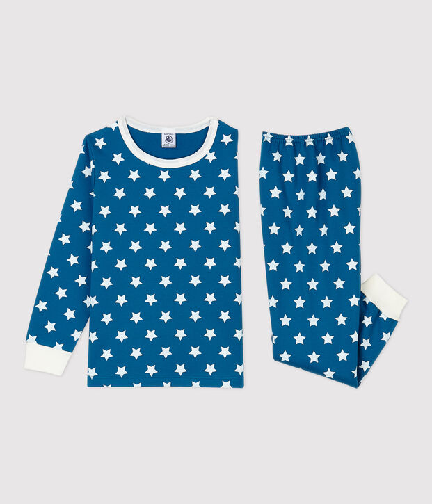 Pijama de ni&ntilde;a/ni&ntilde;o con estampado gr&aacute;fico de algod&oacute;n org&aacute;nico azul/blanco