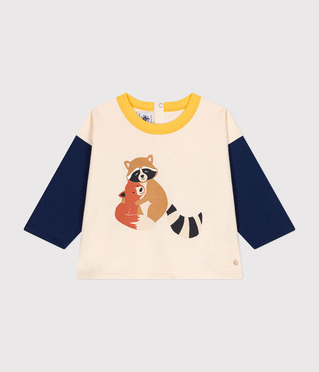 Camiseta de manga larga de punto fino para beb&eacute; crudo/azul