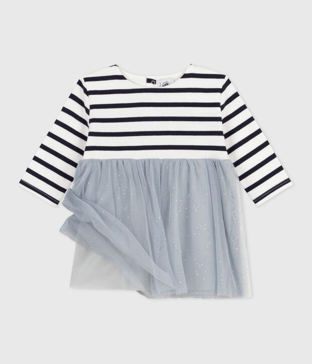 Vestido de dos materiales de manga larga para beb&eacute; azul/multicolor