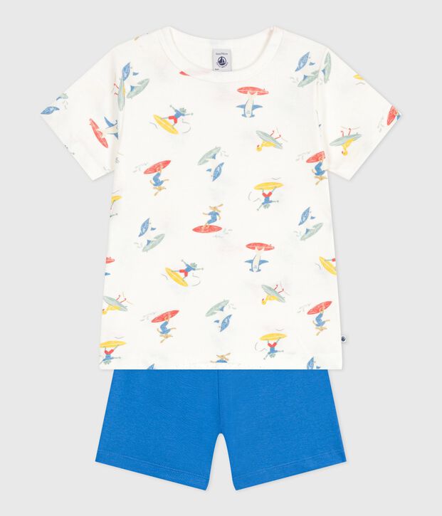 Pijama corto infantil de algod&oacute;n con estampado de surfistas blanco/multicolor