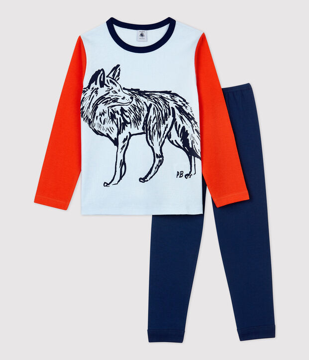 Pijama con motivo de lobo de ni&ntilde;o de algod&oacute;n azul/multicolor