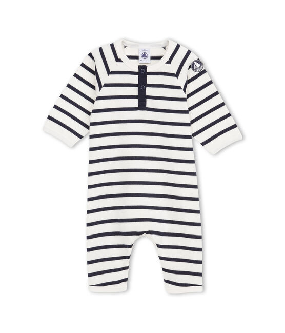 Baby boy coverall in striped heavy jersey beige COQUILLE/azul ABYSSE