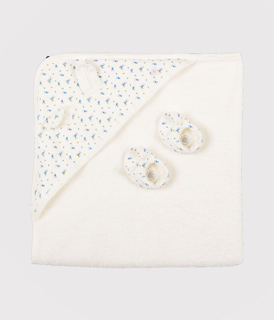 Estuche con toalla cuadrada de baño y patucos de bebé de rizo y algodón orgánico blanco MARSHMALLOW/blanco MULTICO