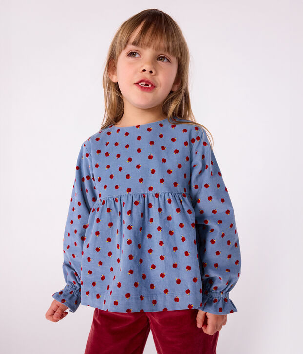 Blusa infantil estampada de pana de manga larga azul/multicolor