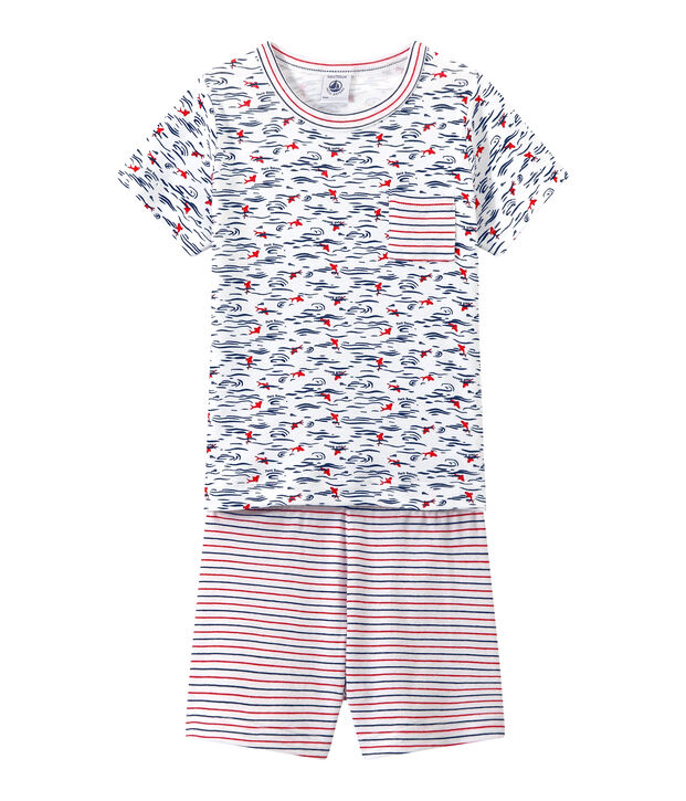Pijama corto estampado y rayado para ni&ntilde;o blanco/azul/multicolor