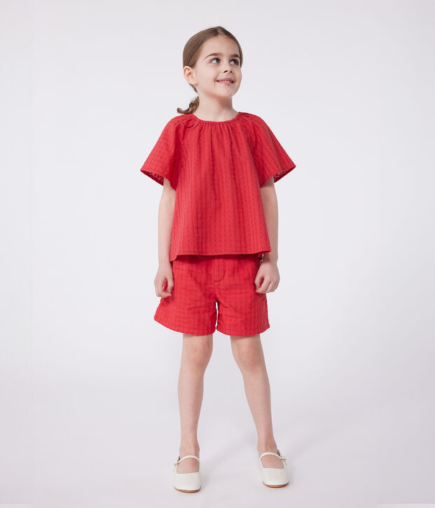Blusa infantil de manga corta de algod&oacute;n con motivo de flores rojo