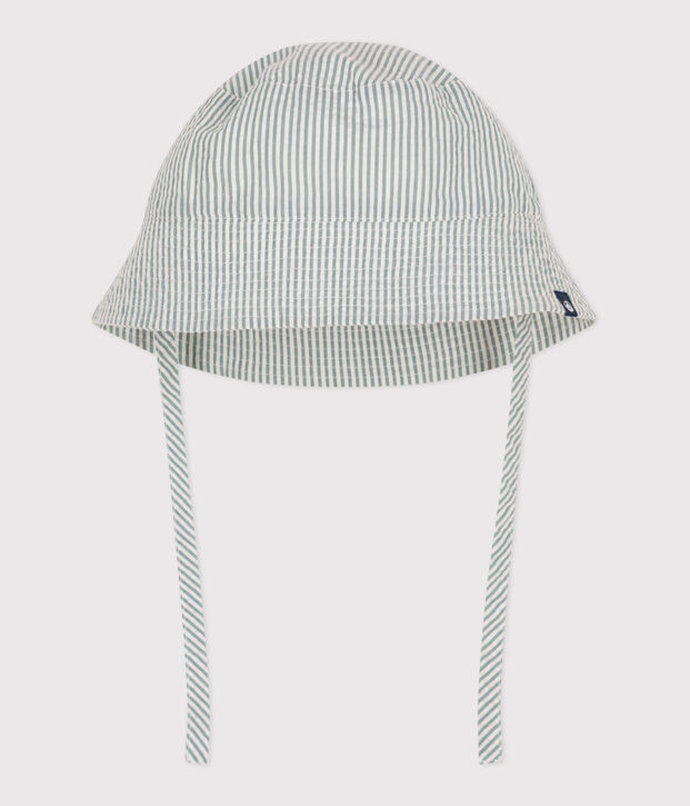 Gorro bucket anudable de seersucker para beb&eacute; blanco/verde