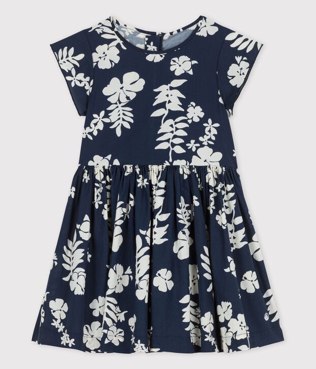 Vestido de popelina de manga corta para ni&ntilde;a azul/blanco