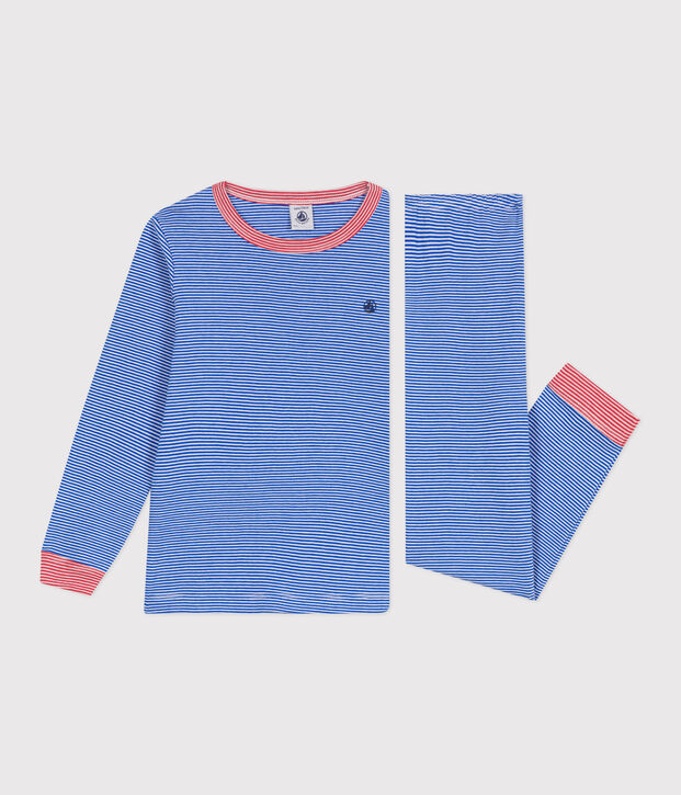 Pijama infantil de manga larga de algod&oacute;n a rayas azul/blanco