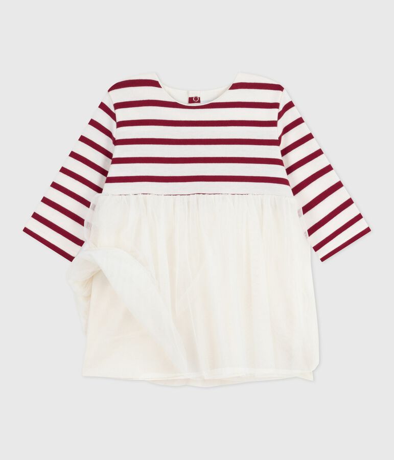 Vestido de dos materiales de manga larga para beb&eacute; crudo/rojo