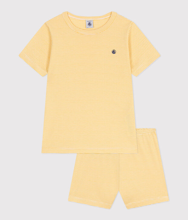 Pijama infantil corto de algod&oacute;n a rayas amarillo/blanco
