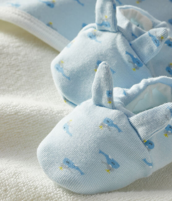 Estuche con toalla cuadrada de baño y patucos para bebé de rizo y punto. azul FRAICHEUR/blanco MULTICO