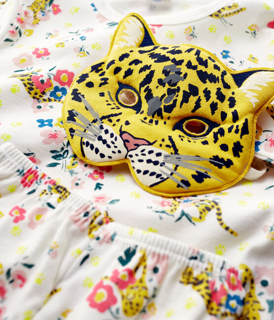 Pijama fosforescente con estampado de pantera de niña de algodón blanco MARSHMALLOW/blanco MULTICO