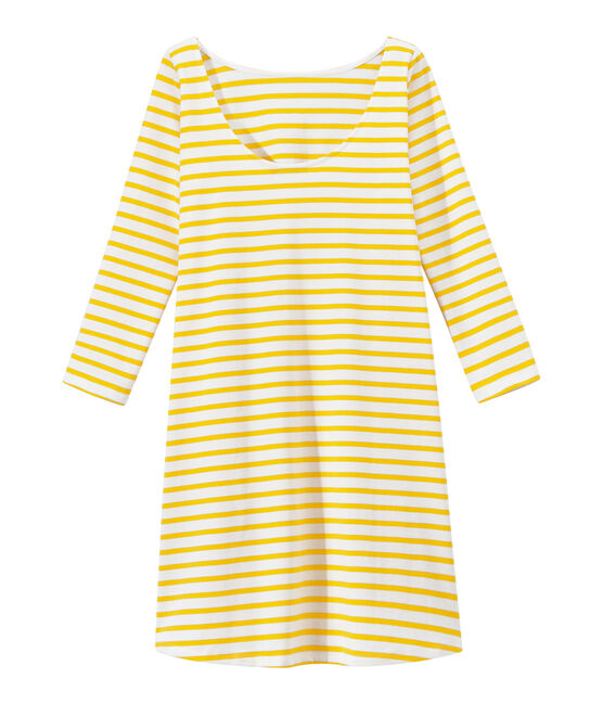 Vestido con rayas de mangas 3/4 para mujer blanco MARSHMALLOW/amarillo SHINE