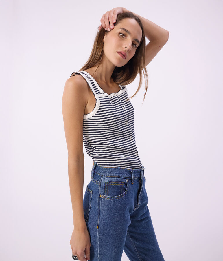 Camiseta de tirantes de algod&oacute;n a rayas para mujer azul/blanco