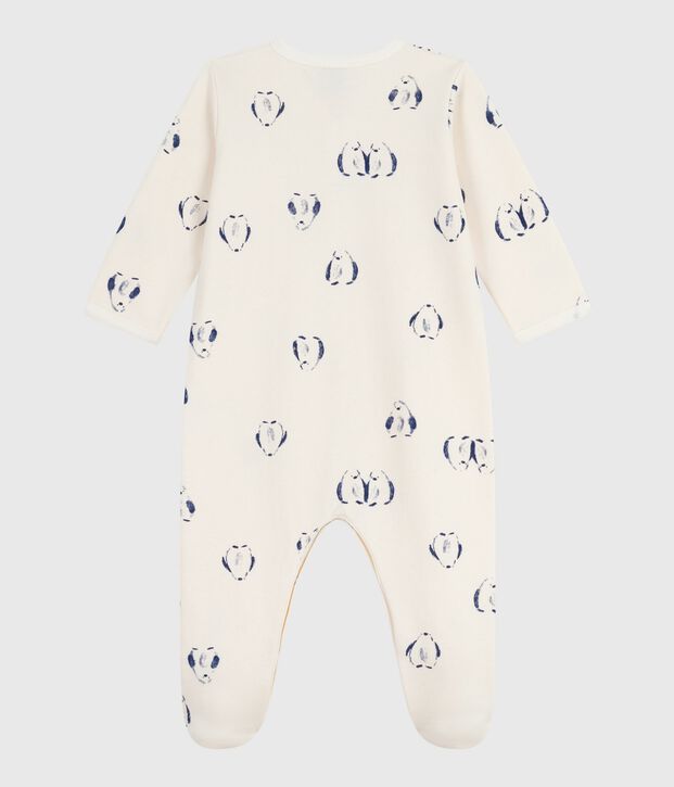 Pijama de beb&eacute; en felpa perchada con estampado animal de ping&uuml;ino y cuello de p&eacute;talos crudo/multicolor