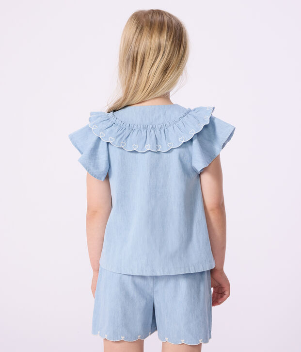 Blusa infantil lisa de manga corta de algod&oacute;n azul