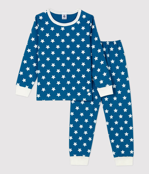 Pijama de ni&ntilde;a/ni&ntilde;o con estampado gr&aacute;fico de algod&oacute;n org&aacute;nico azul/blanco