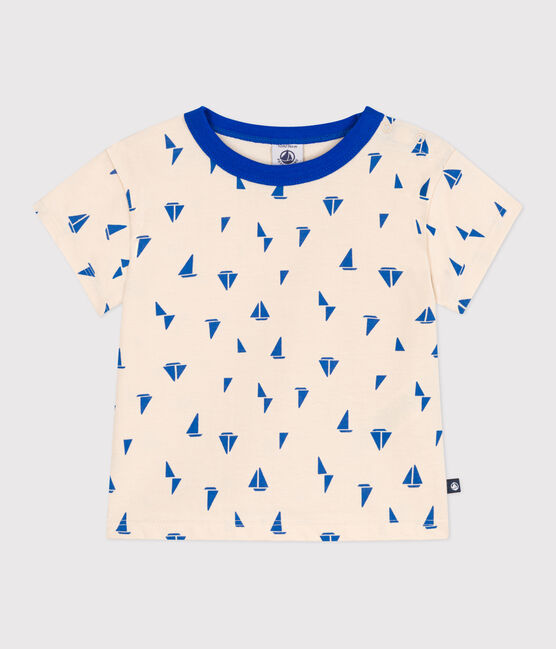 Camiseta de algodón de manga corta con estampado de barcos para bebé azul AVALANCHE/blanco PERSE