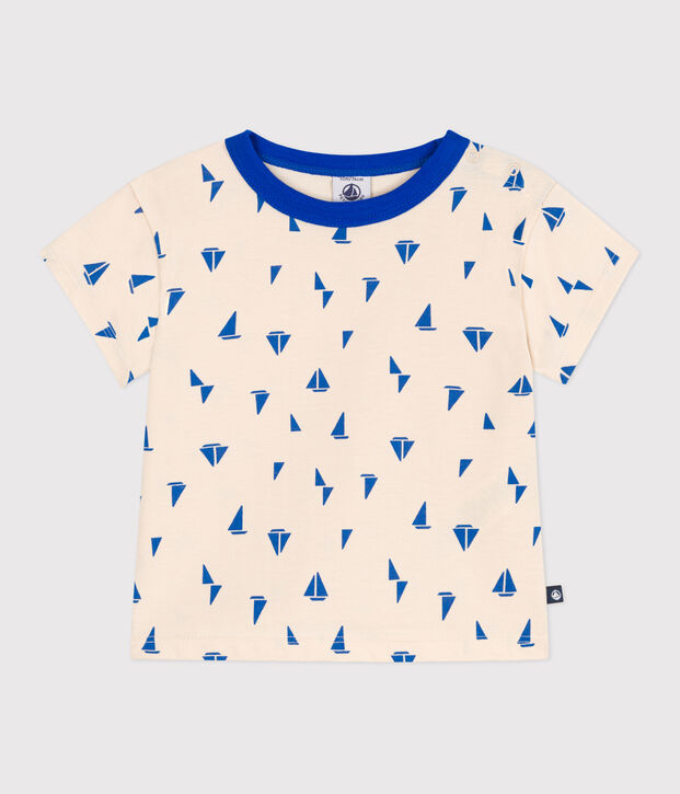 Camiseta de algod&oacute;n de manga corta con estampado de barcos para beb&eacute; crudo/azul