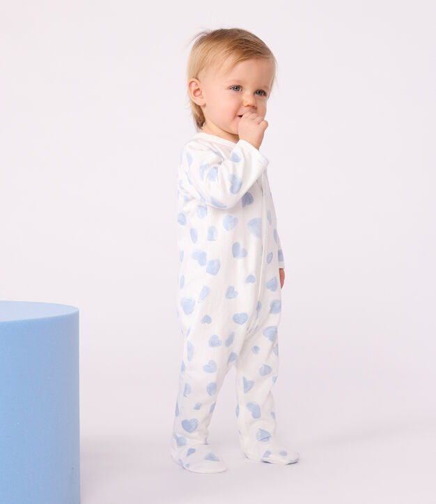 Pijama de felpa cepillada con cuello estampado de corazones para beb&eacute; blanco/azul