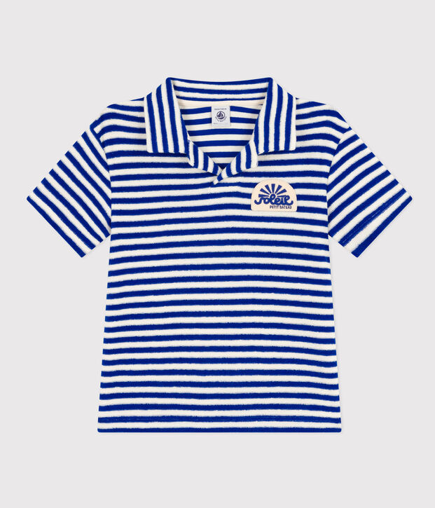 Polo de manga corta de rizo para ni&ntilde;o azul/crudo
