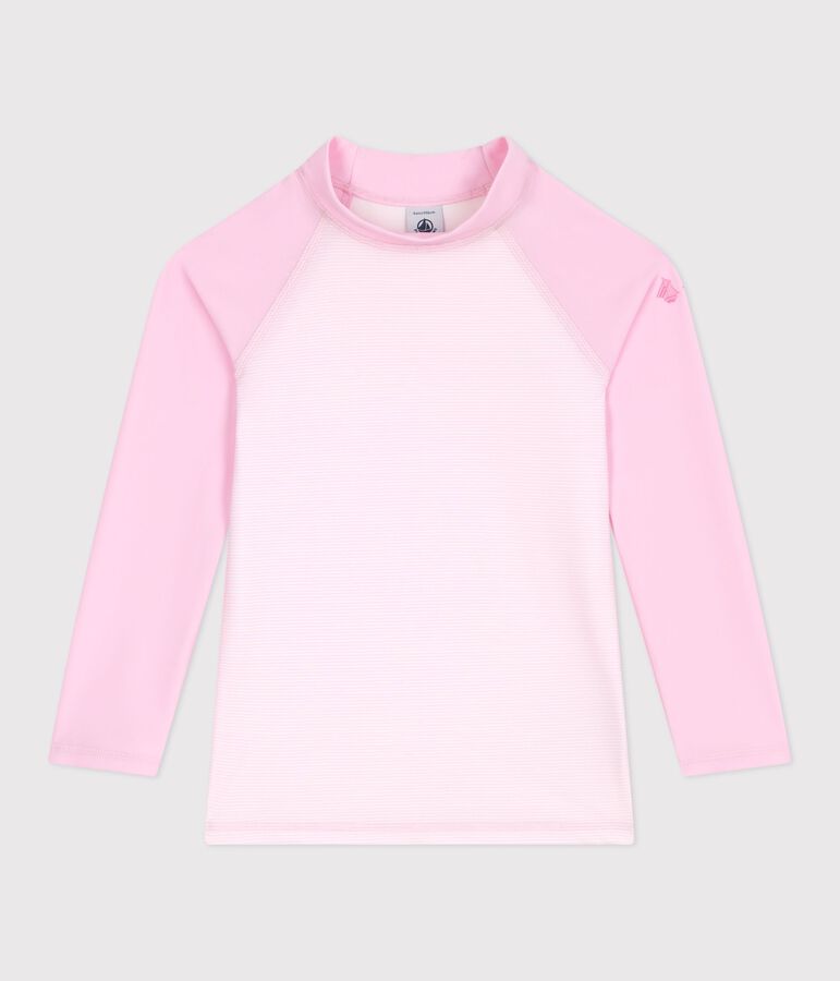 Camiseta infantil de ba&ntilde;o de manga larga a rayas con protecci&oacute;n frente a los rayos UV rosa/blanco