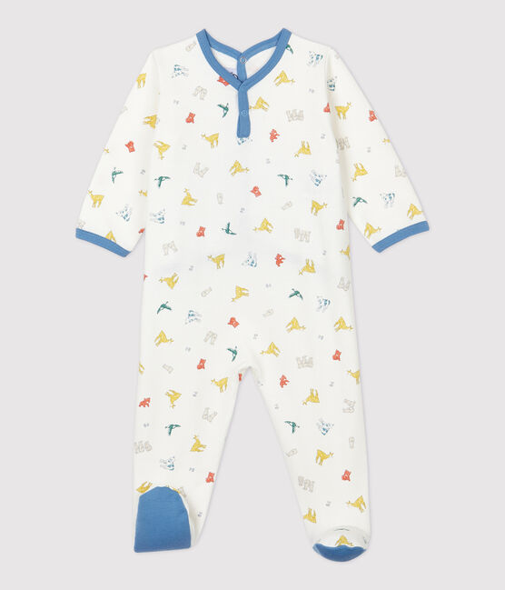 Pelele de bebé con estampado de animales coloridos de muletón de algodón orgánico blanco MARSHMALLOW/blanco MULTICO