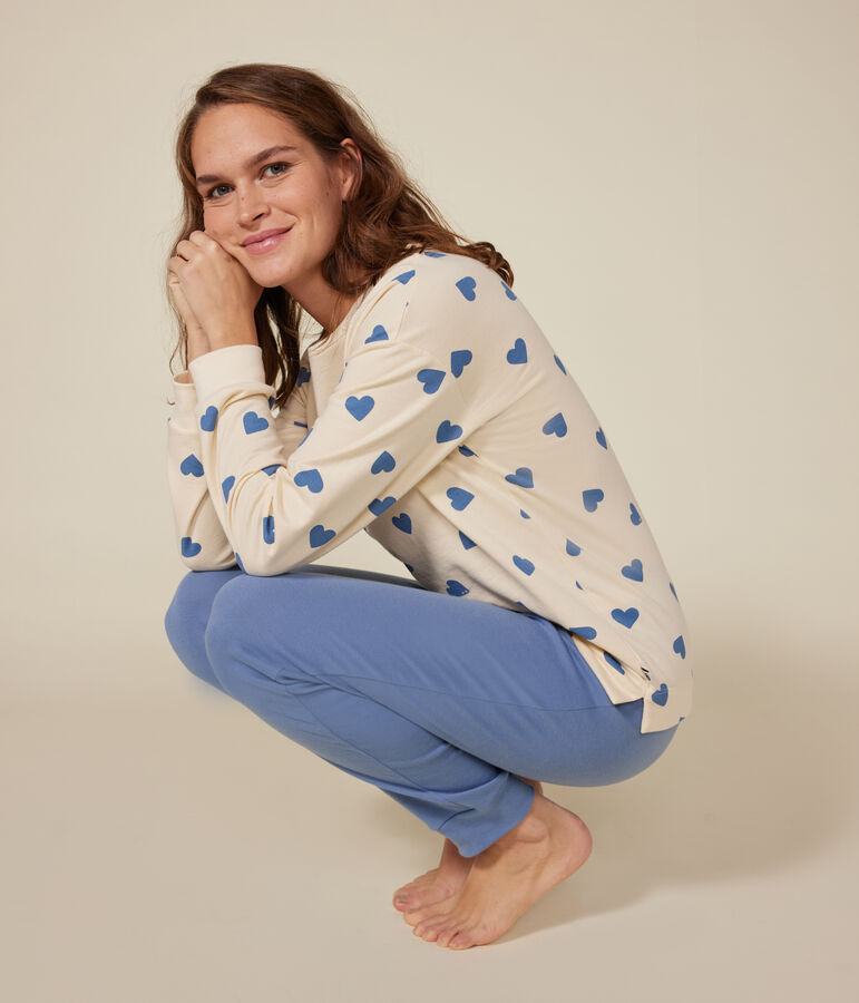 Pijama de dos materiales de algod&oacute;n para mujer azul/crudo